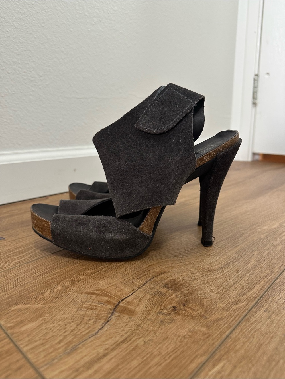 Pedro Garcia Dark Gray Suede Open Toe High Heel Sandals Size 39.5 US 8.5